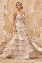 Lisa Vanilla Chiffon Corset Ruffle Maxi Dress