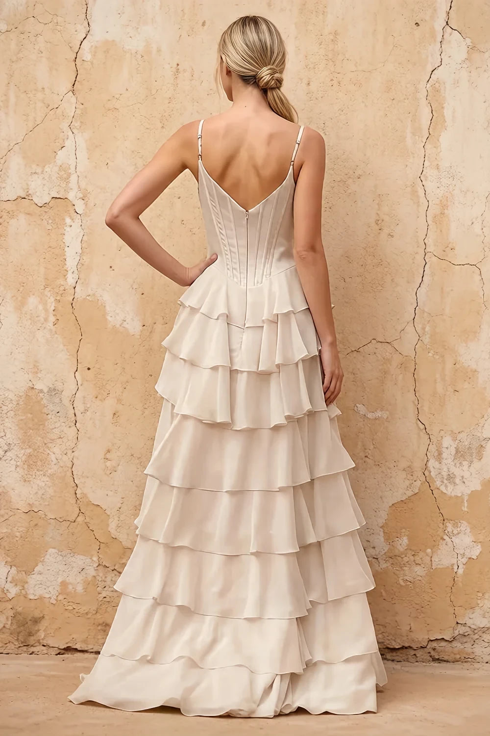 Translation missing: en.Lisa Vanilla chiffon corset ruffle maxi dress with spaghetti straps and layered flowing skirt - product photo 2 content.product_image_secondary
