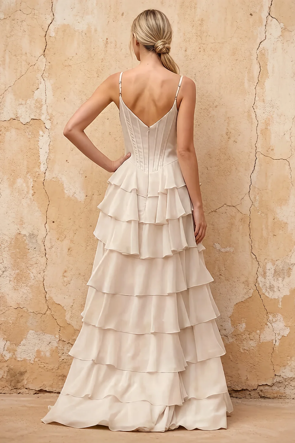 Lisa Vanilla Chiffon Corset Ruffle Maxi Dress