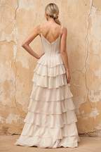 Lisa Vanilla Chiffon Corset Ruffle Maxi Dress