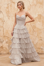 Lisa Vanilla Chiffon Corset Ruffle Maxi Dress