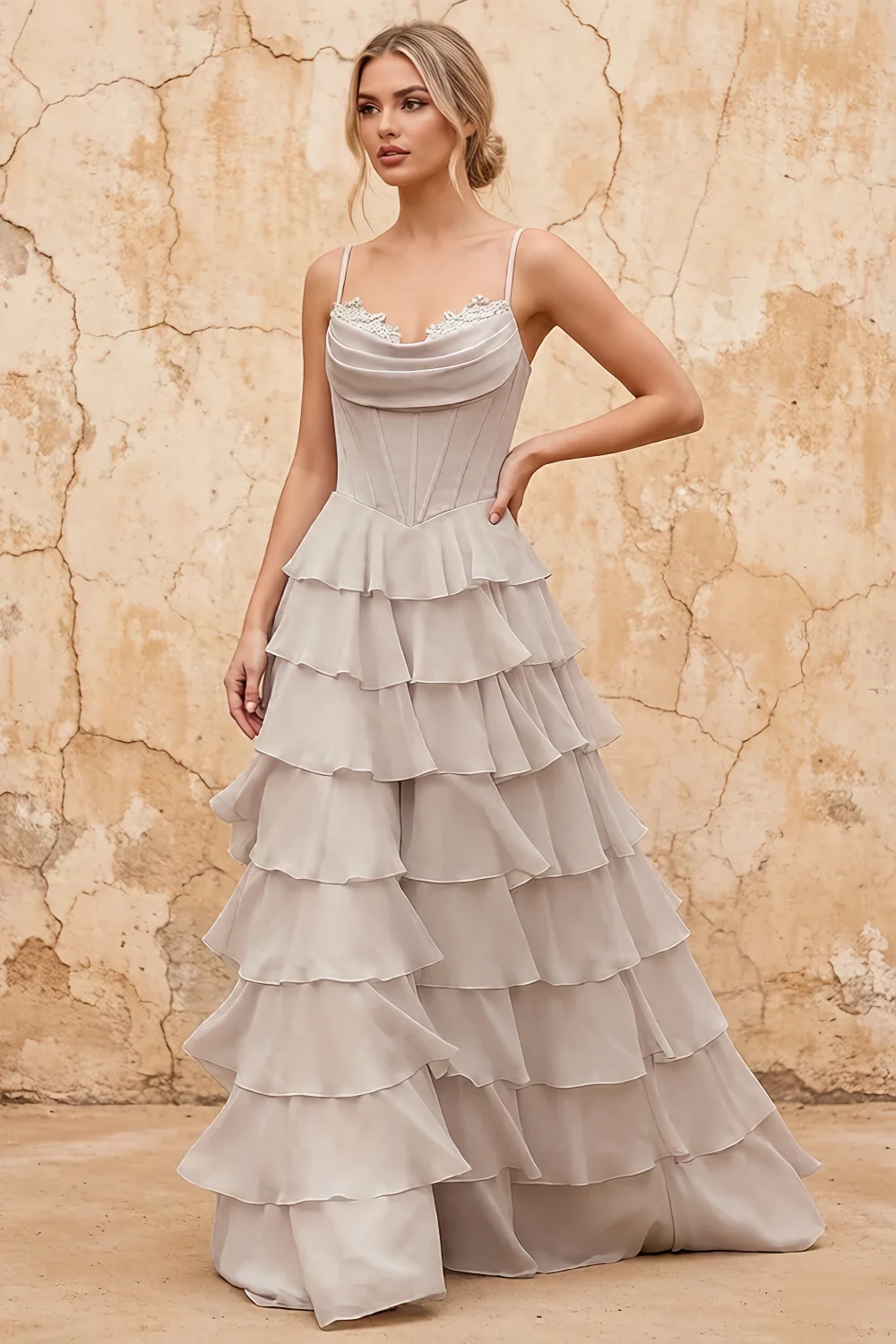 Lisa Vanilla Chiffon Corset Ruffle Maxi Dress