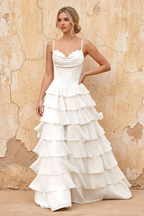 Lisa White Chiffon Corset Ruffle Maxi Dress