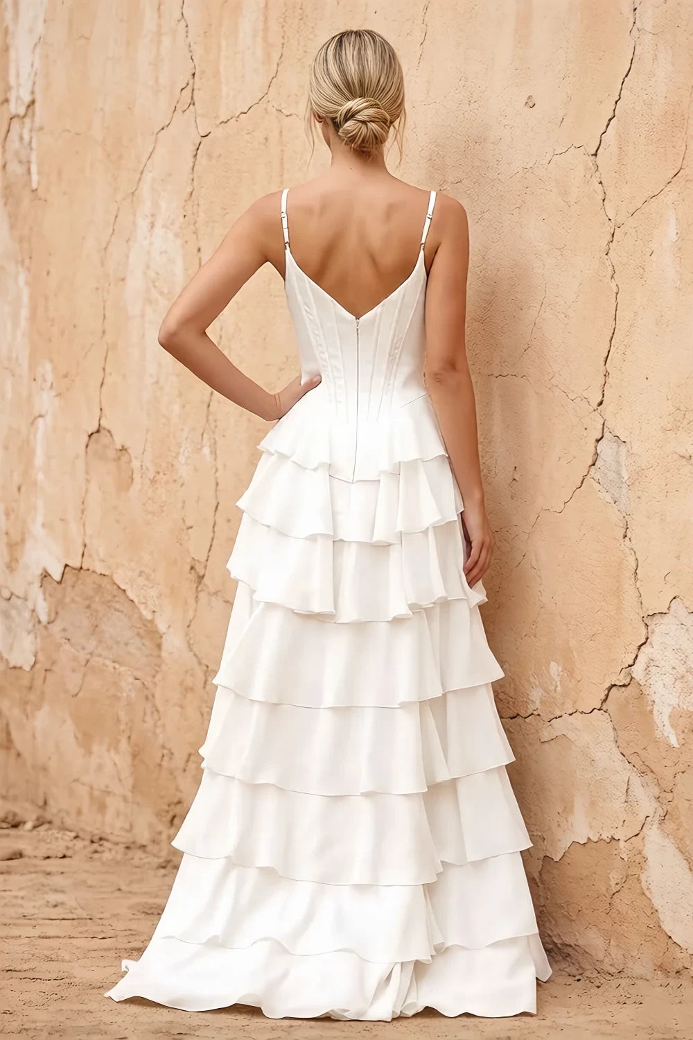 Translation missing: en.Lisa White chiffon corset ruffle maxi dress with spaghetti straps and layered flowing skirt - product photo 2 content.product_image_secondary