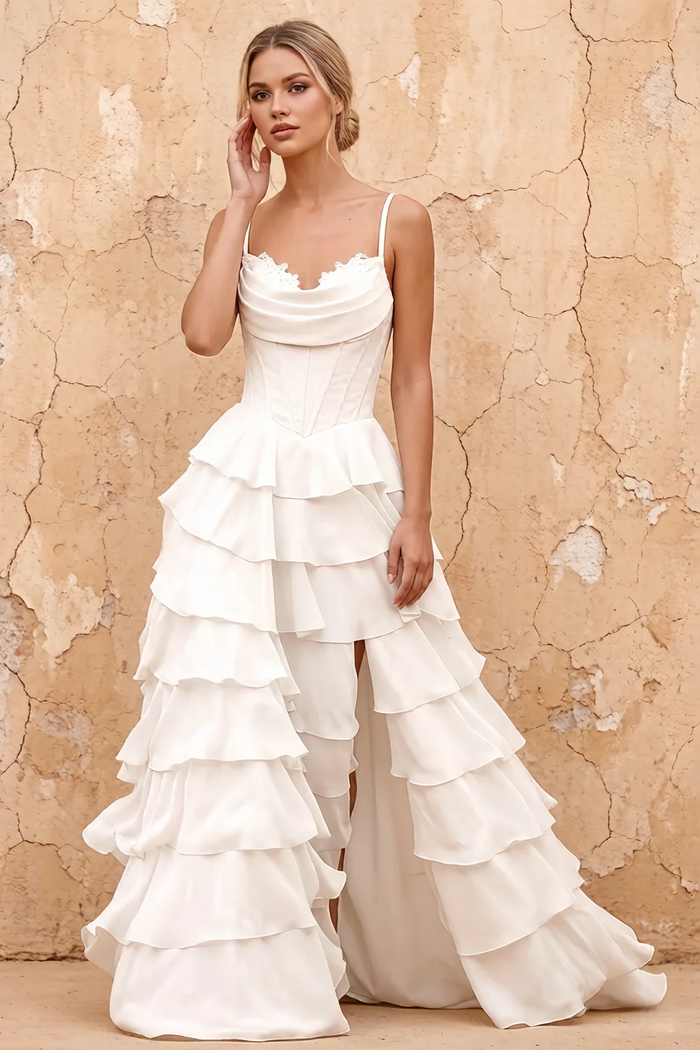 Lisa White Chiffon Corset Ruffle Maxi Dress