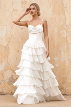 Lisa White Chiffon Corset Ruffle Maxi Dress