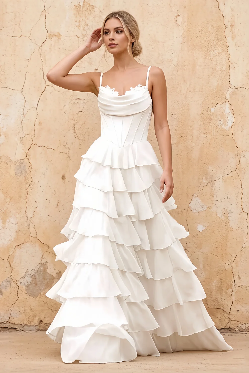 Lisa White Chiffon Corset Ruffle Maxi Dress