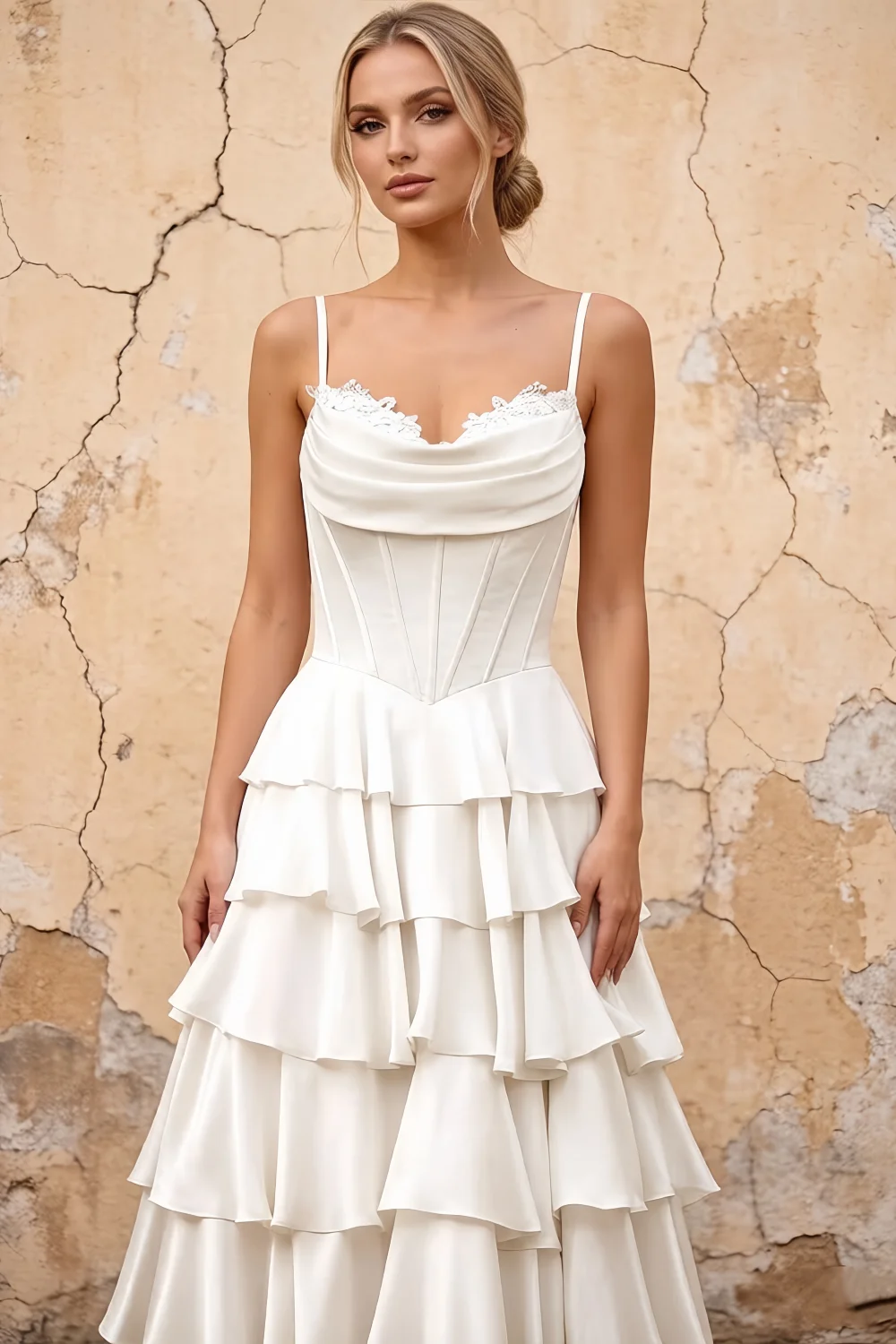 Lisa White Chiffon Corset Ruffle Maxi Dress