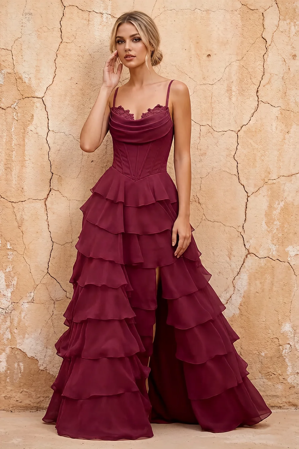 Lisa Wine Chiffon Corset Ruffle Maxi Dress Main image