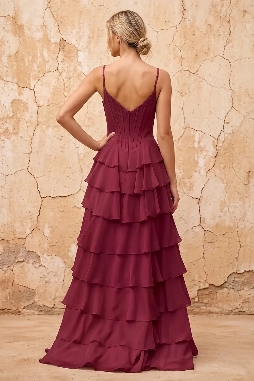 Translation missing: en.Lisa Wine chiffon corset ruffle maxi dress with spaghetti straps and layered flowing skirt - product photo 2 content.product_image_secondary