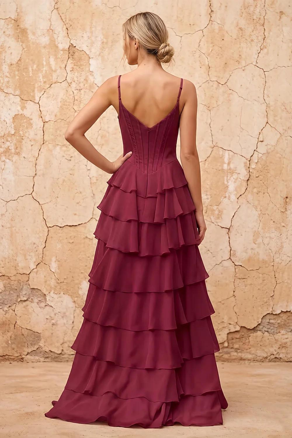 Lisa Wine Chiffon Corset Ruffle Maxi Dress