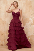 Lisa Wine Chiffon Corset Ruffle Maxi Dress