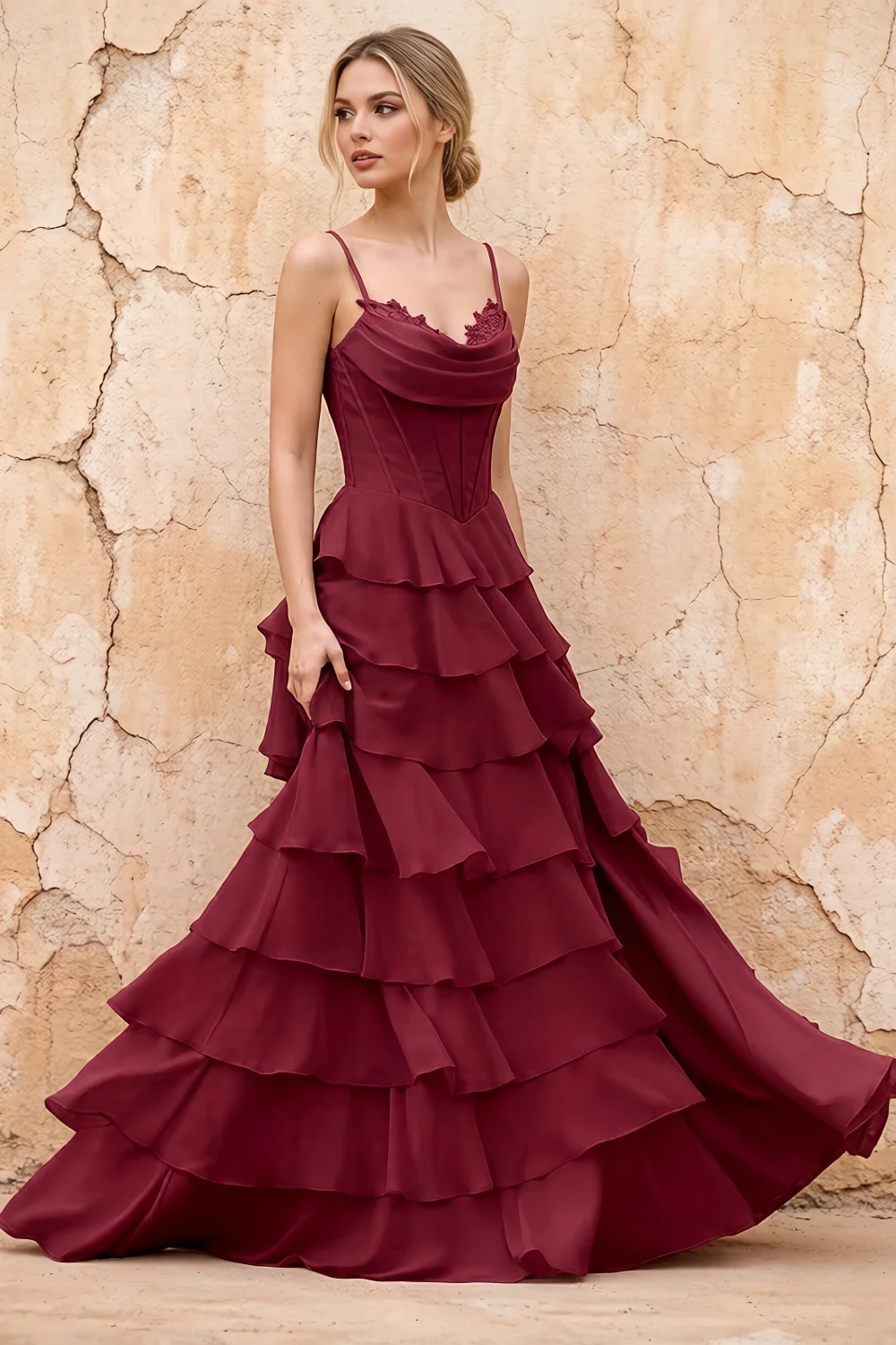 Lisa Wine Chiffon Corset Ruffle Maxi Dress