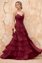 Lisa Wine Chiffon Corset Ruffle Maxi Dress