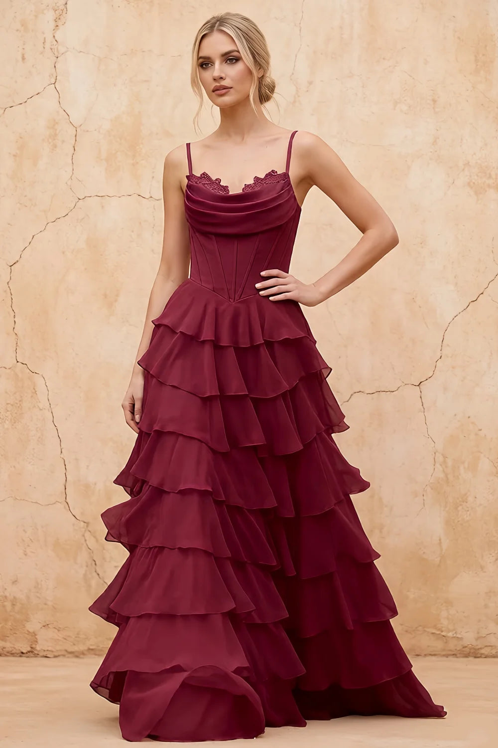 Lisa Wine Chiffon Corset Ruffle Maxi Dress