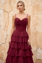 Lisa Wine Chiffon Corset Ruffle Maxi Dress