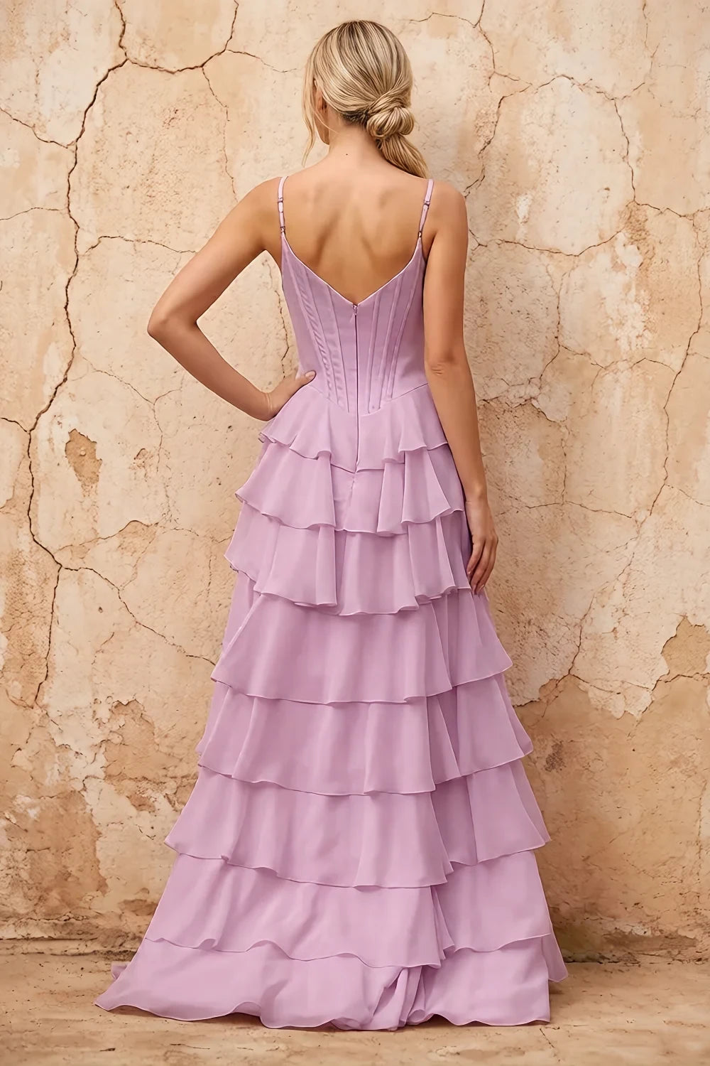 Translation missing: es.Lisa Wisteria chiffon corset ruffle maxi dress with spaghetti straps and layered flowing skirt - product photo 2 content.product_image_secondary