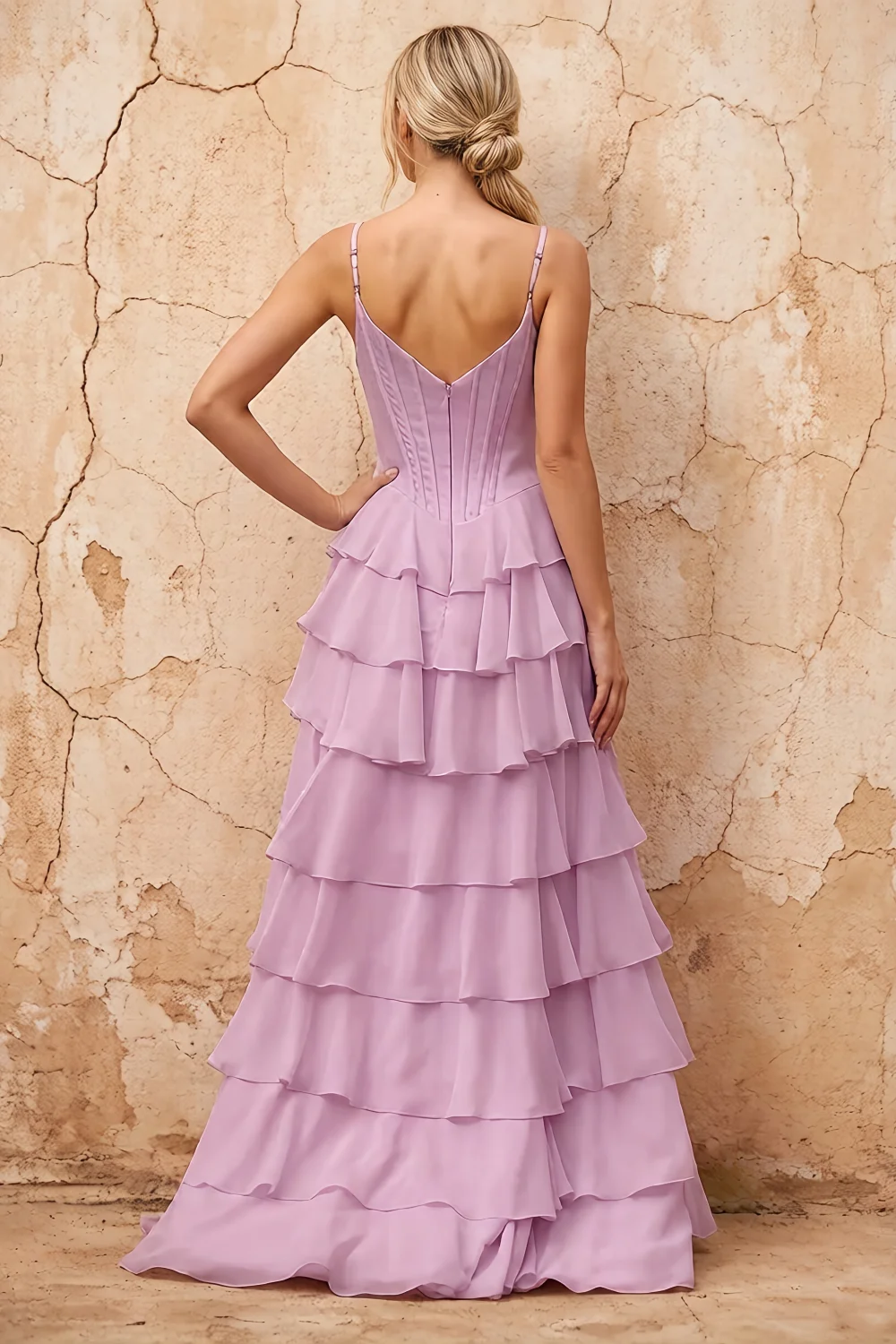 Lisa Wisteria Chiffon Corset Ruffle Maxi Dress