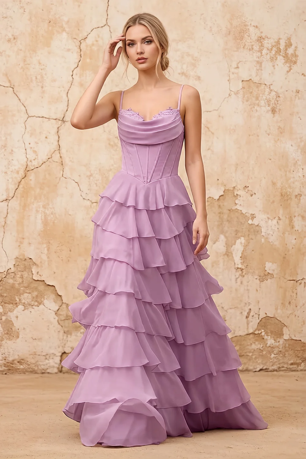 Lisa Wisteria Chiffon Corset Ruffle Maxi Dress