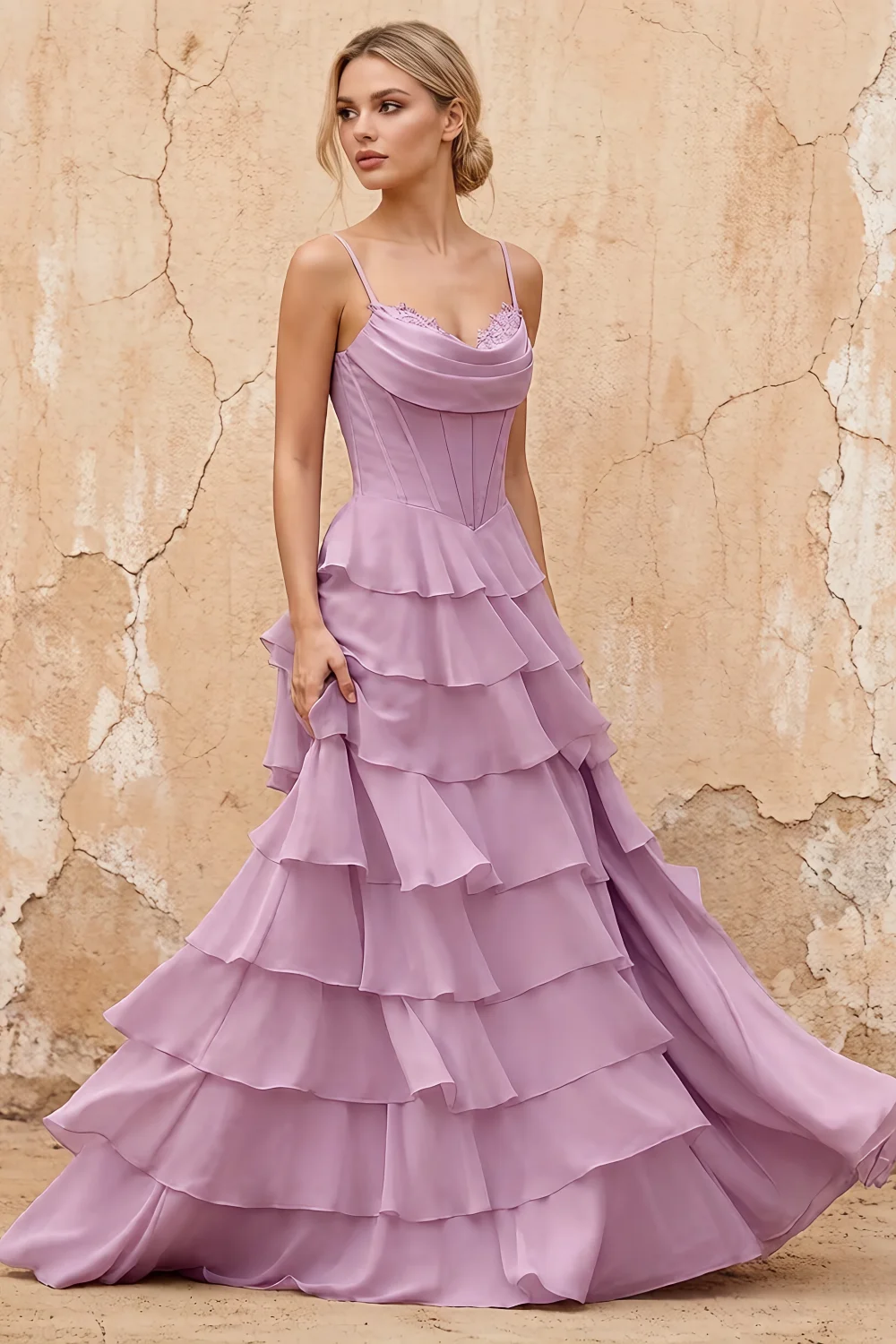 Lisa Wisteria Chiffon Corset Ruffle Maxi Dress
