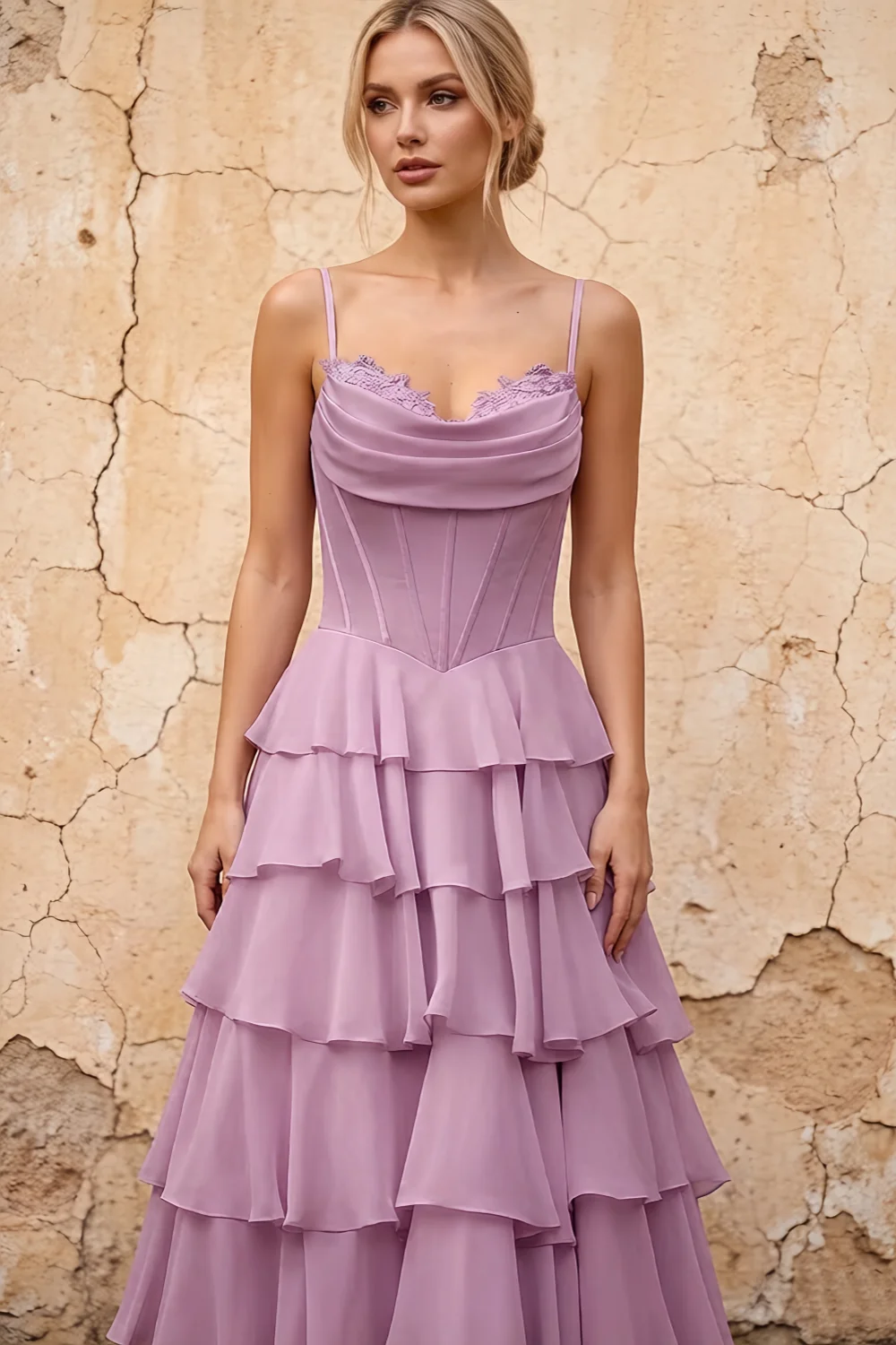Lisa Wisteria Chiffon Corset Ruffle Maxi Dress