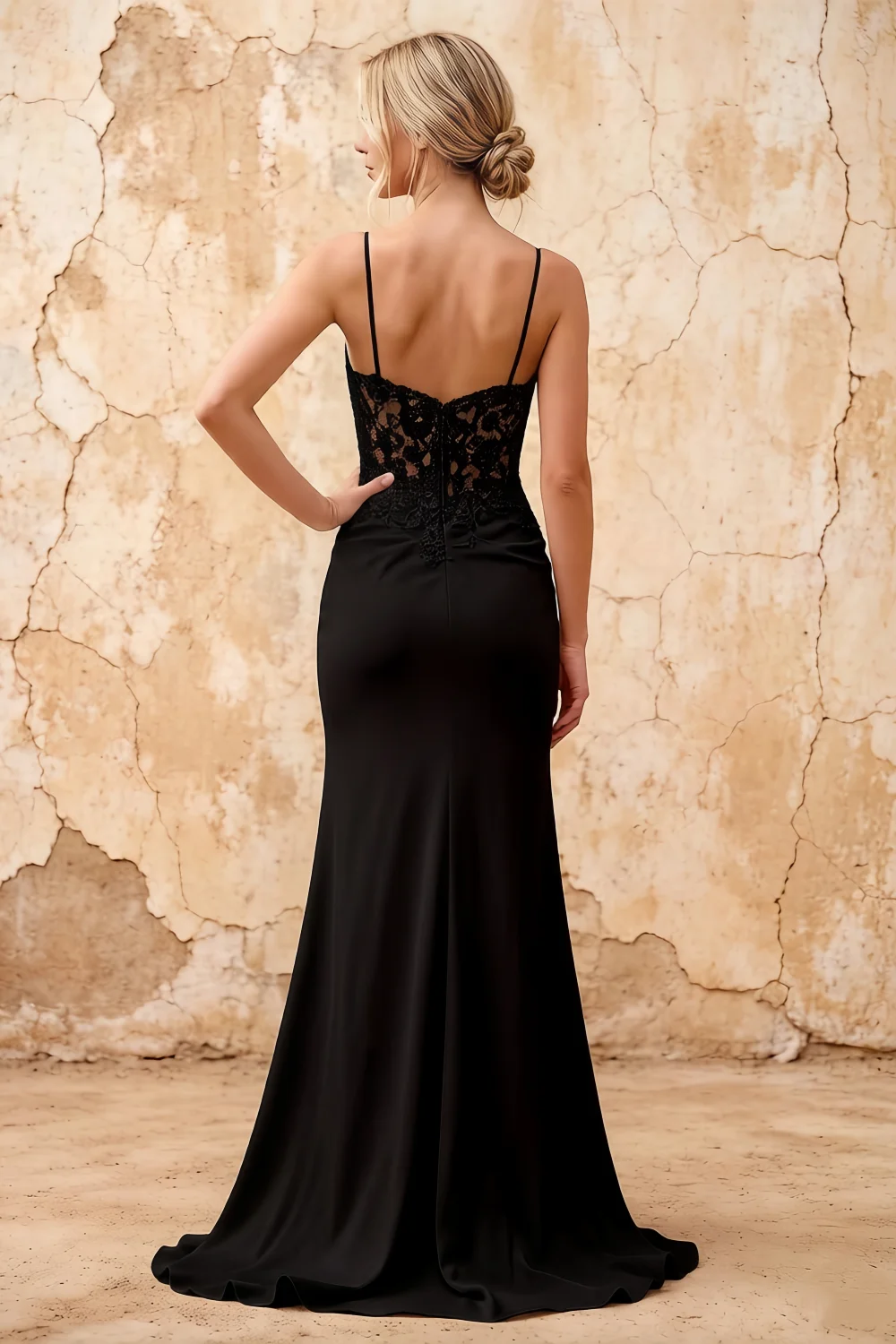 Lois Black Lace Jersey Beaded Slit Maxi Dress Main image