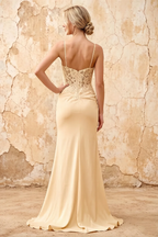 Lois Champagne Lace Jersey Beaded Slit Maxi Dress