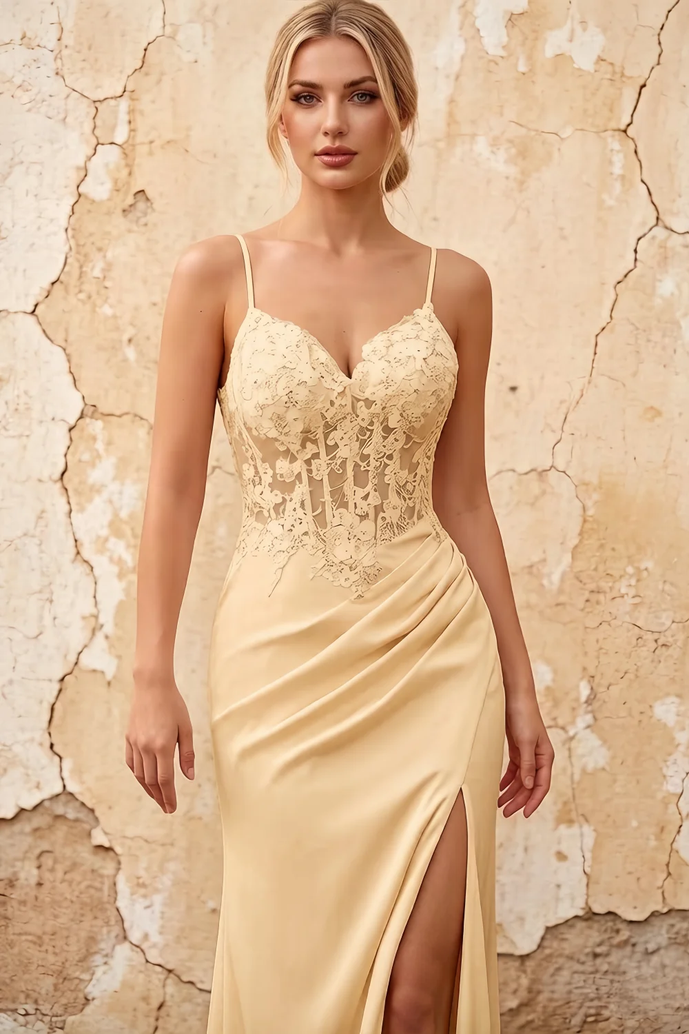 Lois Champagne Lace Jersey Beaded Slit Maxi Dress