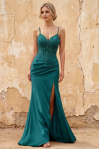 Lois Emerald Green Lace Jersey Beaded Slit Maxi Dress