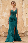 Lois Emerald Green Lace Jersey Beaded Slit Maxi Dress