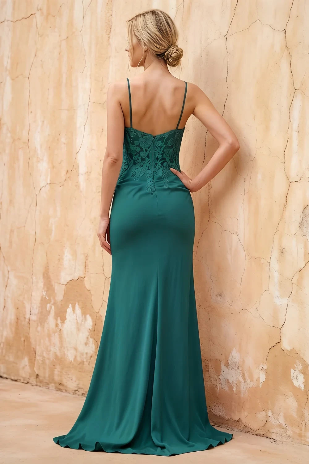 Translation missing: en.Lois Emerald Green lace jersey beaded V-neck spaghetti strap maxi dress with high side slit - product photo 2 content.product_image_secondary