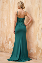 Lois Emerald Green Lace Jersey Beaded Slit Maxi Dress