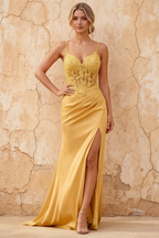 Lois Golden Lace Jersey Beaded Slit Maxi Dress