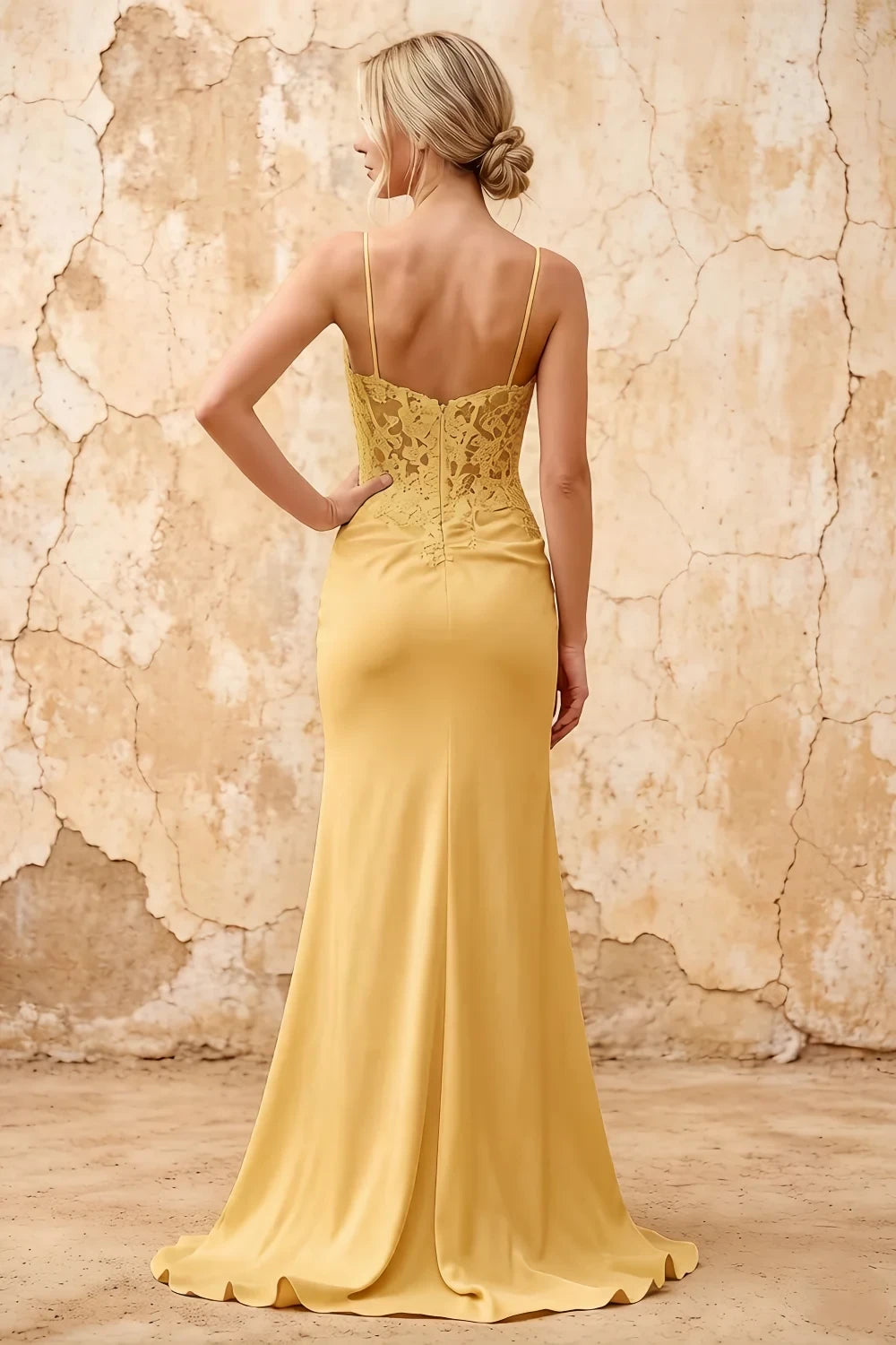 Translation missing: en.Lois Golden lace jersey beaded V-neck spaghetti strap maxi dress with high side slit - product photo 2 content.product_image_secondary