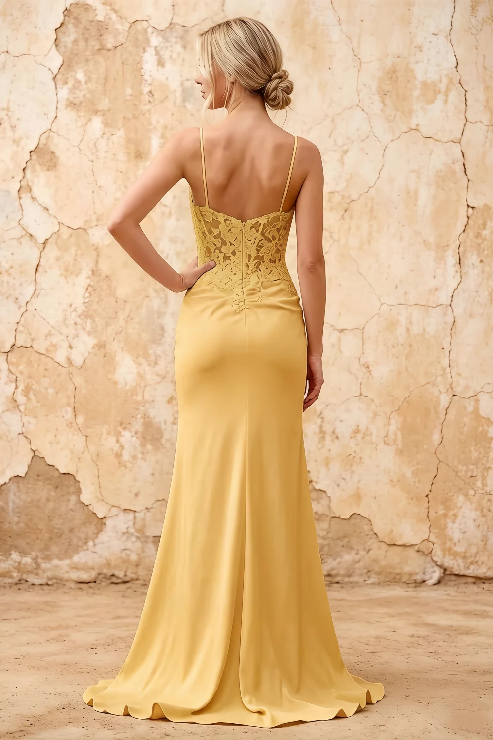 Lois Golden Lace Jersey Beaded Slit Maxi Dress