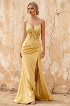 Lois Golden Lace Jersey Beaded Slit Maxi Dress