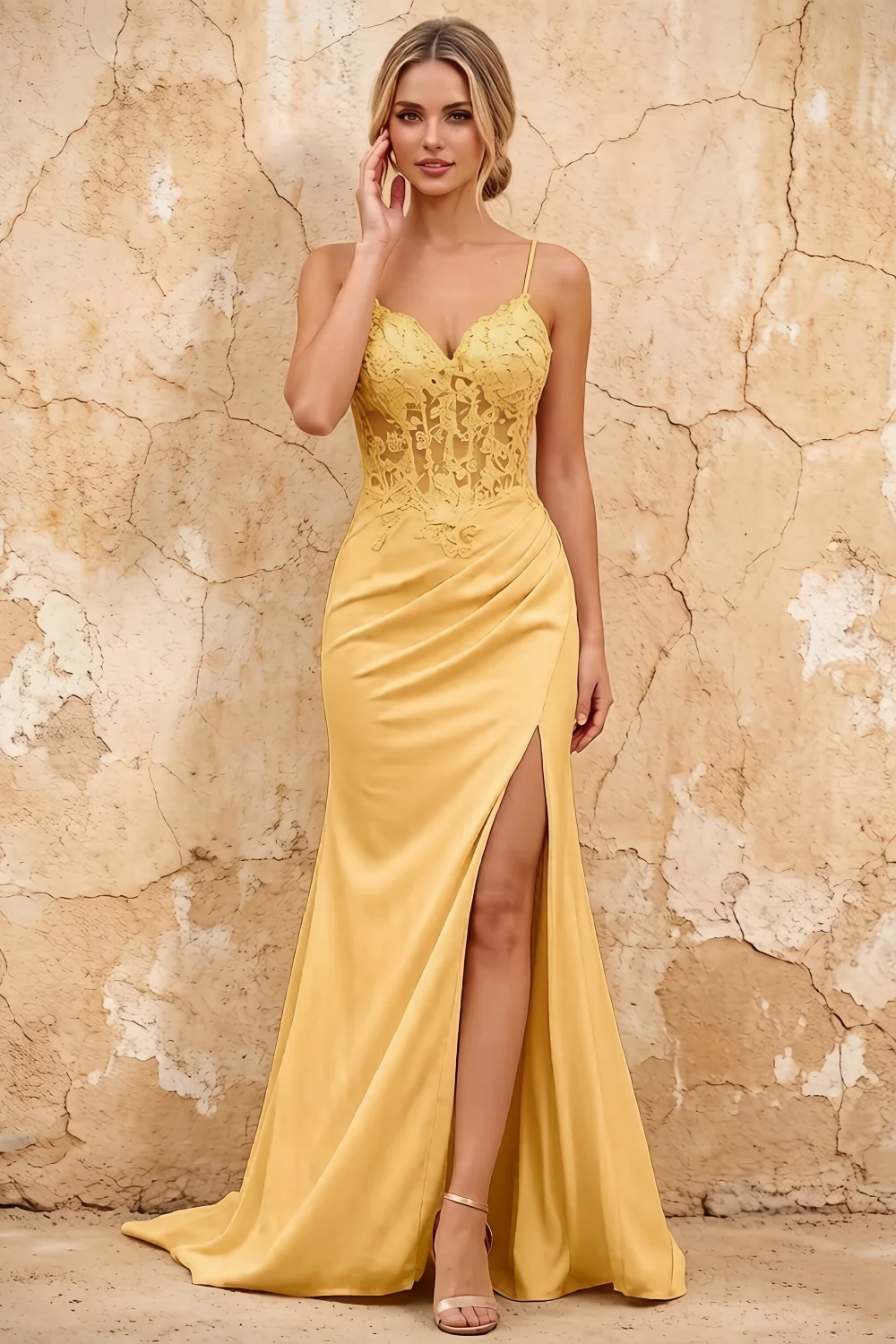 Lois Golden Lace Jersey Beaded Slit Maxi Dress