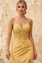 Lois Golden Lace Jersey Beaded Slit Maxi Dress