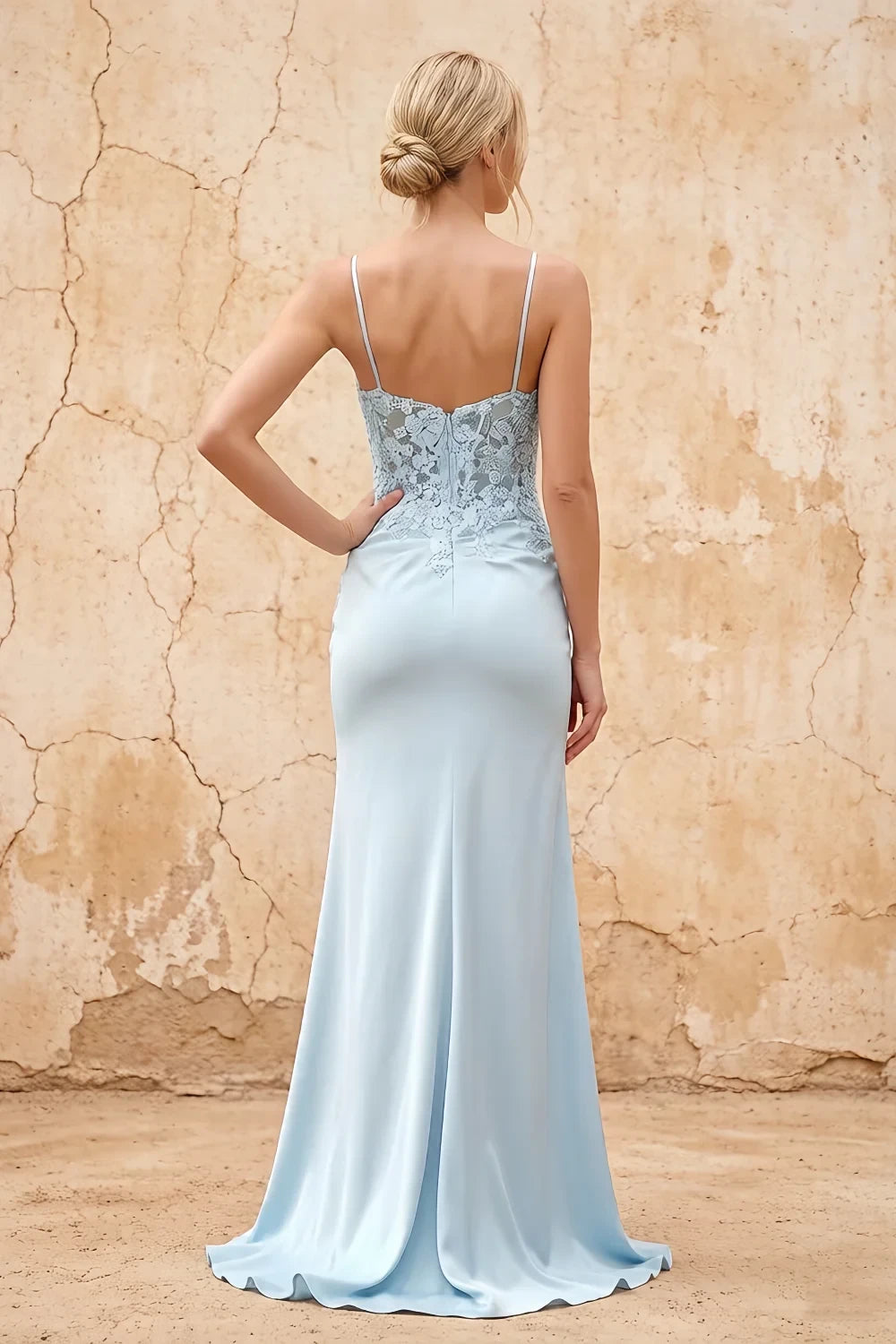 Translation missing: en.Lois Light Blue lace jersey beaded V-neck spaghetti strap maxi dress with high side slit - product photo 2 content.product_image_secondary