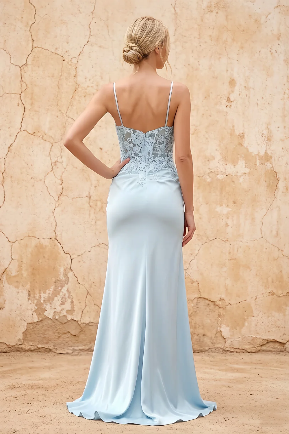 Lois Light Blue Lace Jersey Beaded Slit Maxi Dress