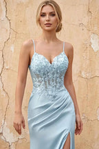 Lois Light Blue Lace Jersey Beaded Slit Maxi Dress