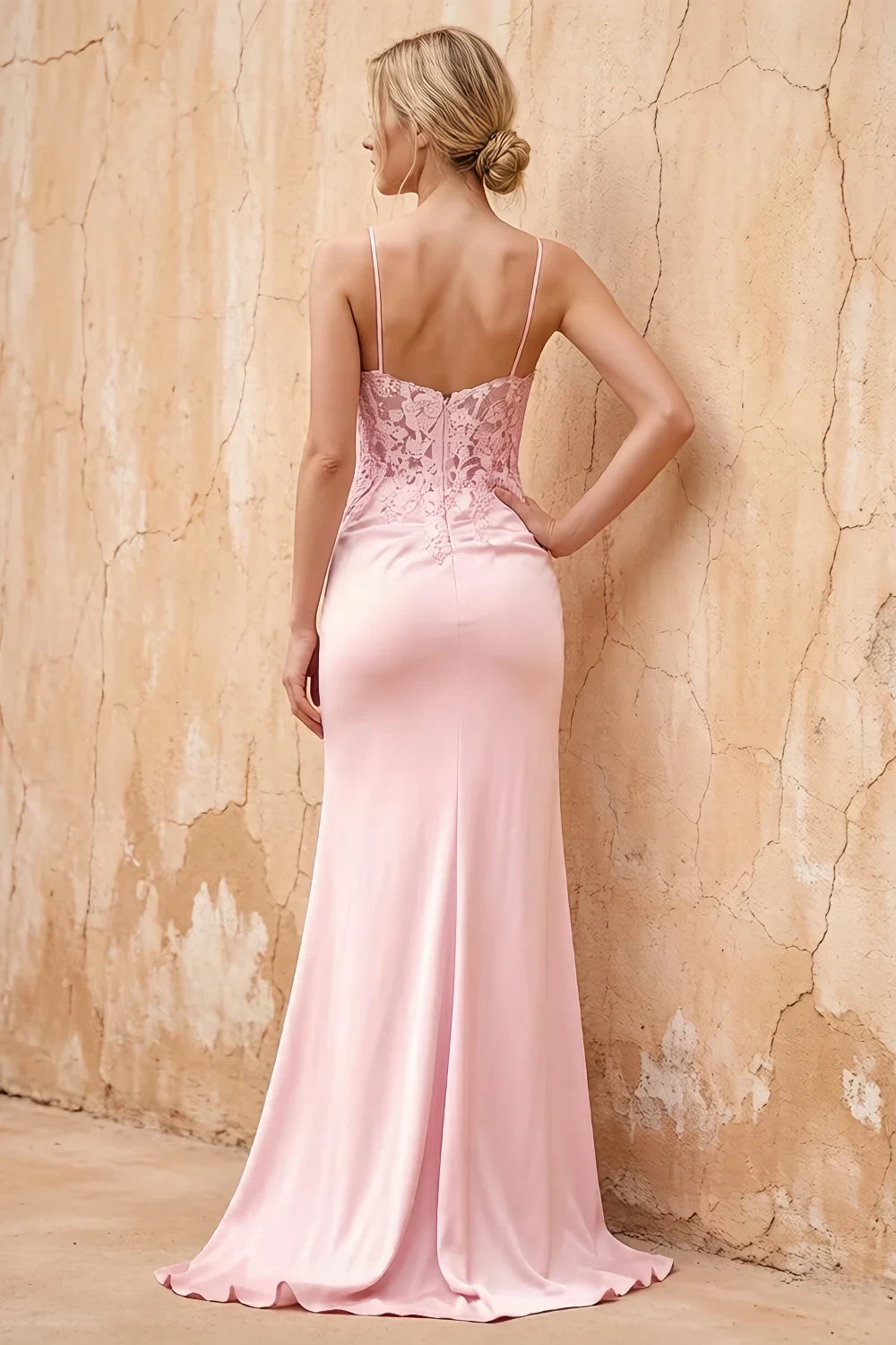 Translation missing: en.Lois Pink lace jersey beaded V-neck spaghetti strap maxi dress with high side slit - product photo 2 content.product_image_secondary