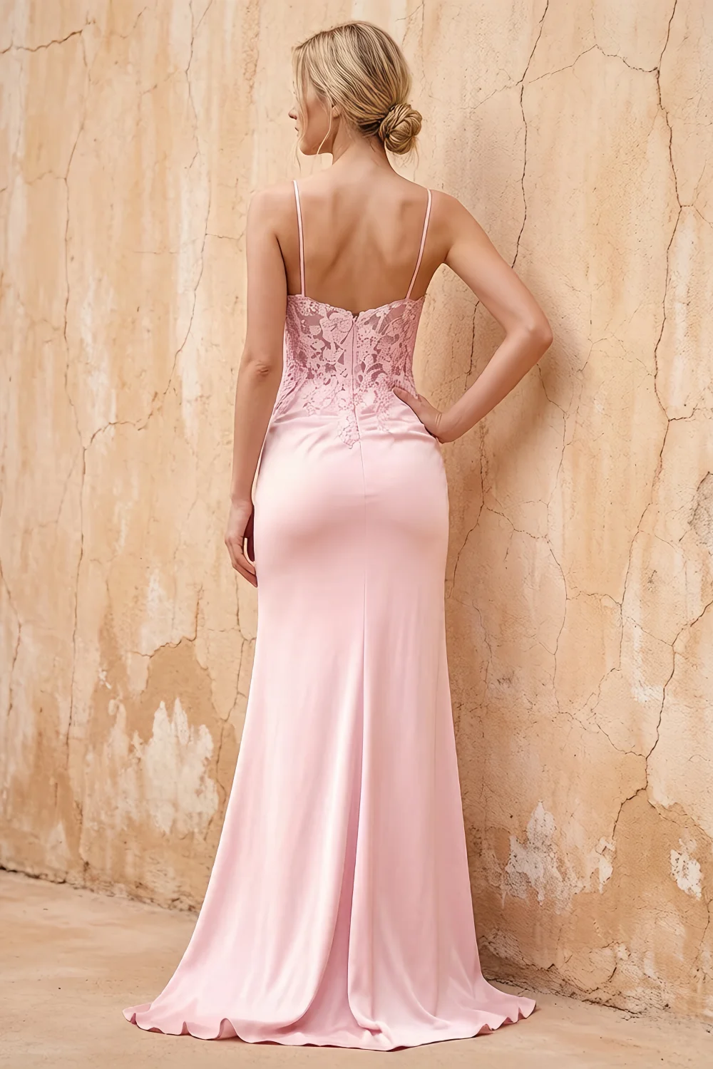 Lois Pink Lace Jersey Beaded Slit Maxi Dress
