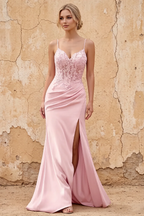 Lois Pink Lace Jersey Beaded Slit Maxi Dress