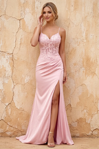 Lois Pink Lace Jersey Beaded Slit Maxi Dress
