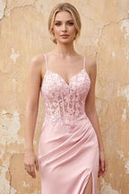 Lois Pink Lace Jersey Beaded Slit Maxi Dress