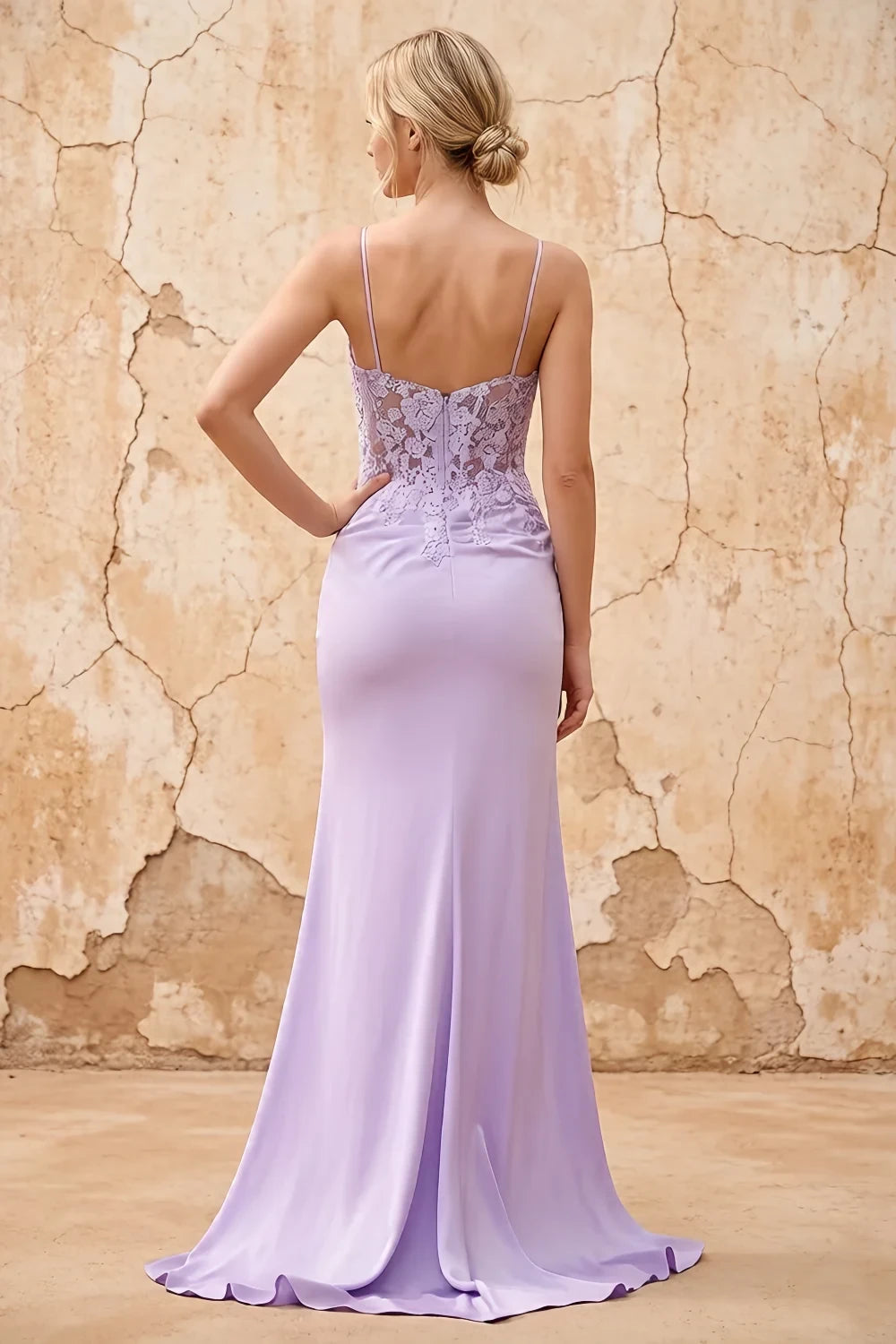 Translation missing: en.Lois Purple lace jersey beaded V-neck spaghetti strap maxi dress with high side slit - product photo 2 content.product_image_secondary