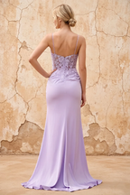 Lois Purple Lace Jersey Beaded Slit Maxi Dress