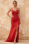 Lois Red Lace Jersey Beaded Slit Maxi Dress