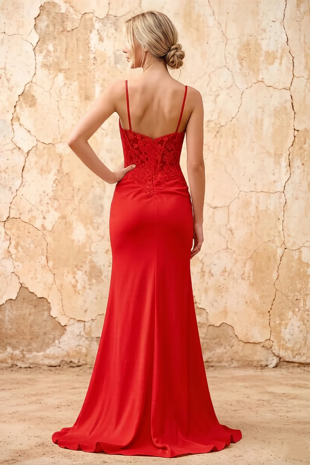 Lois Red Lace Jersey Beaded Slit Maxi Dress